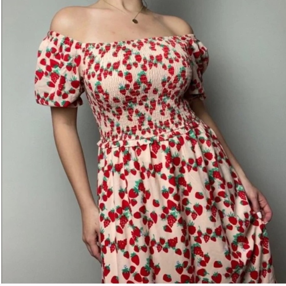 Brand New! Betsey Johnson Strawberry Fields Off/On Shoulder Dress! Size Large